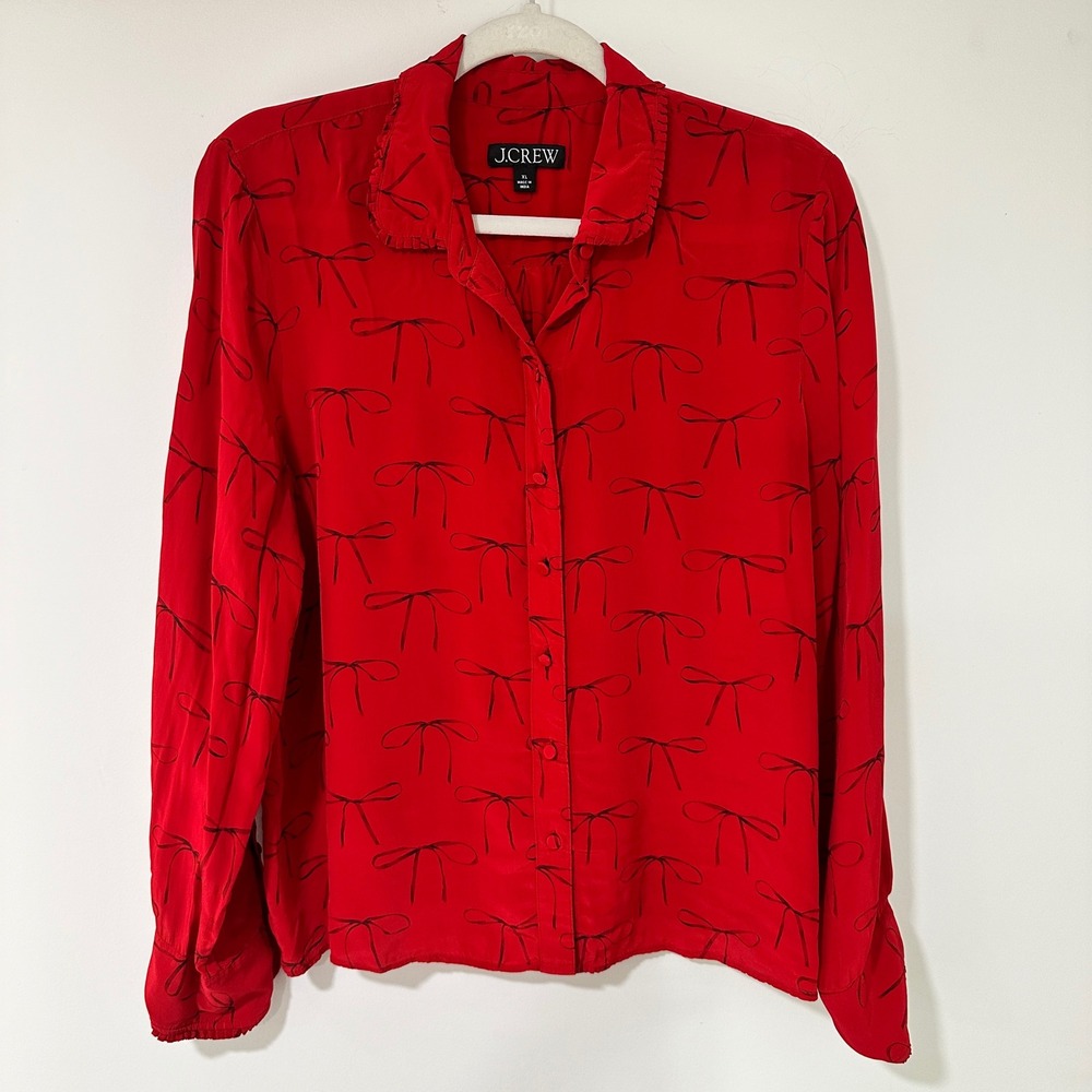 J.Crew Womens Blouse Bow Print Viscose Ruffle Collar Long Sleeve XL Red Black